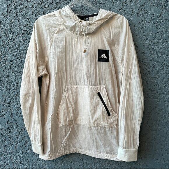ADIDAS Water Repellent Mens Must Haves DWR Nylon Hoodie in Cream Ivory Sz. Small - Picture 5 of 9